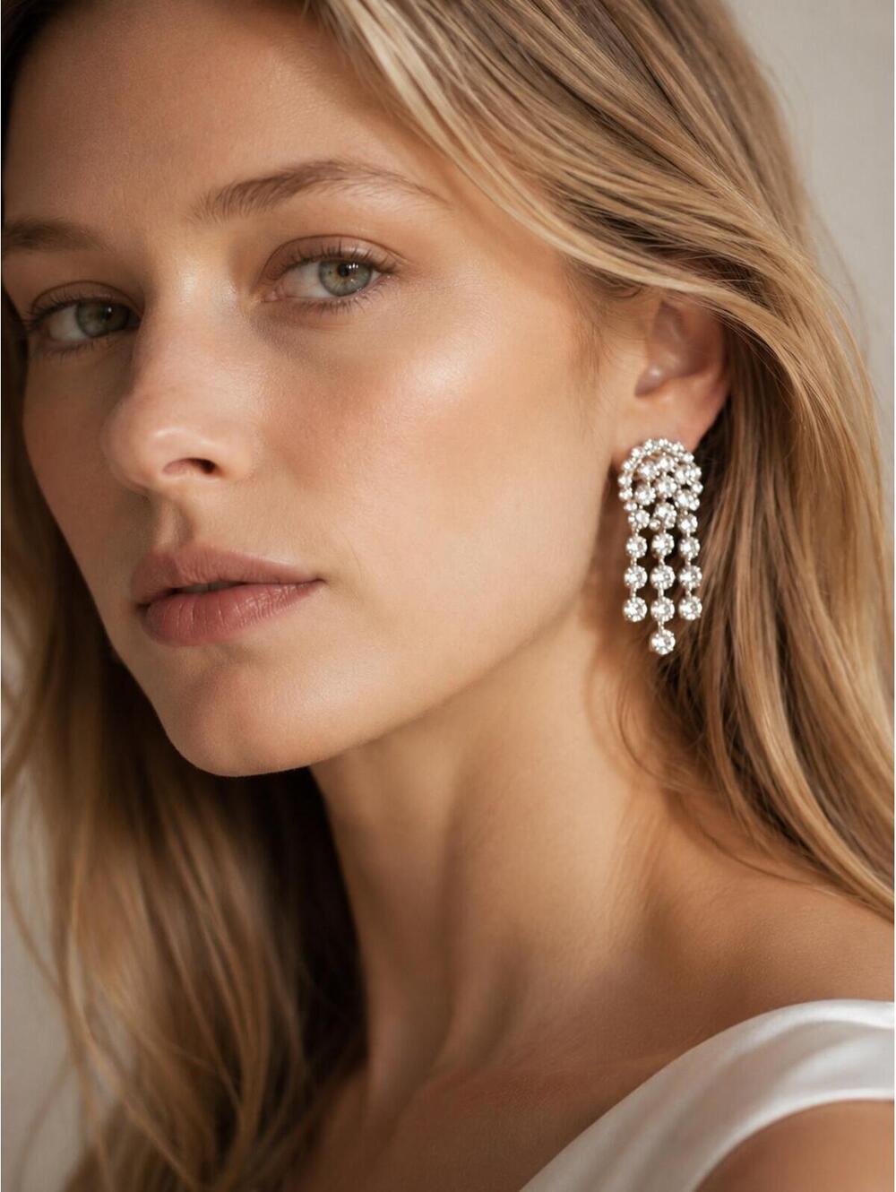 Alessandra Rich Crystal Cascade Drop Clip-On Earrings Silver 3” | NWT Box